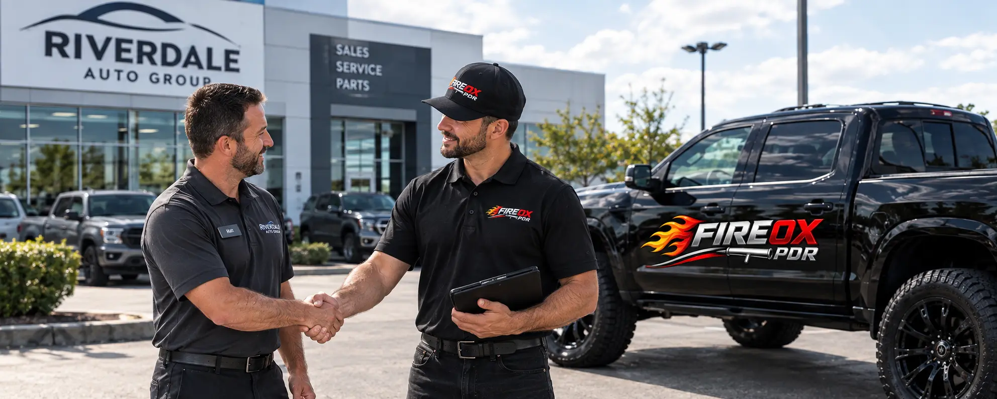 Imag of a FireOx PDR employye shaking hands with a Dealership employee