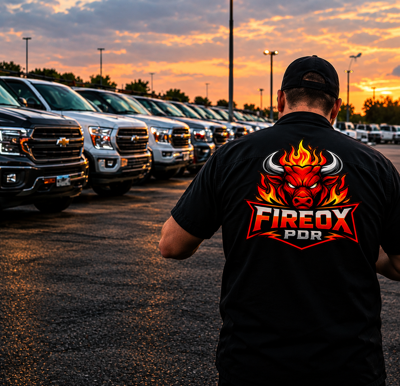 FireOx PDR employee walking around a line of trucks