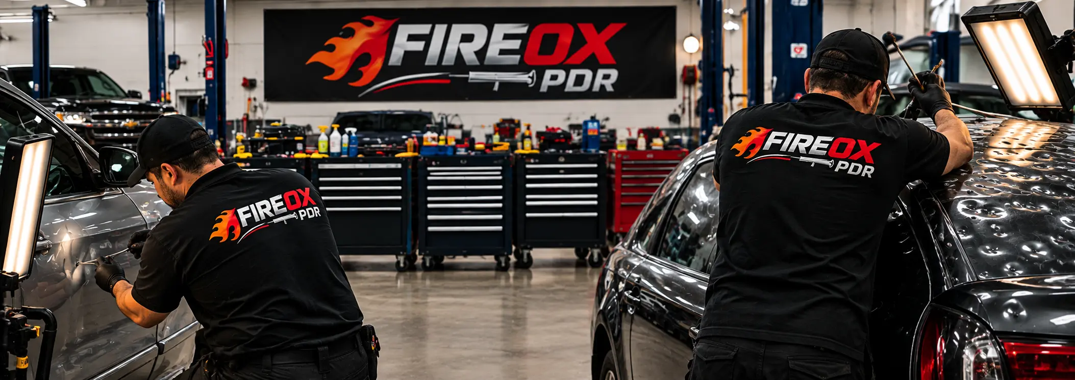 Two fireox pdr employees work ing on cars in the shop