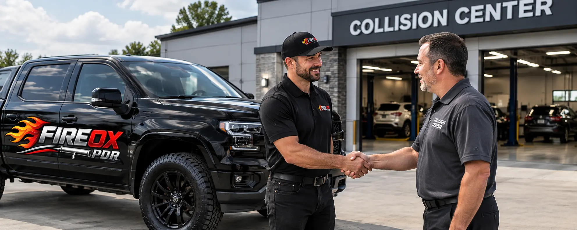 FireOx PDR employee shaking hands with a Collision Center manager.