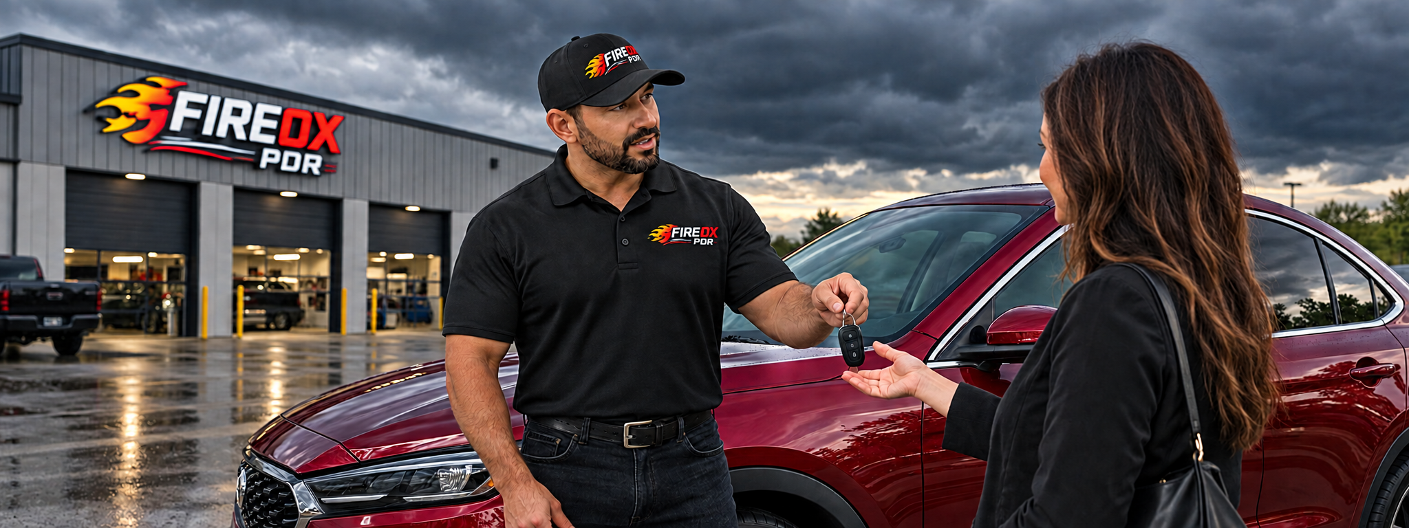 Image of a fireoxpdr employee handing the keys of a completed car to the owner. 