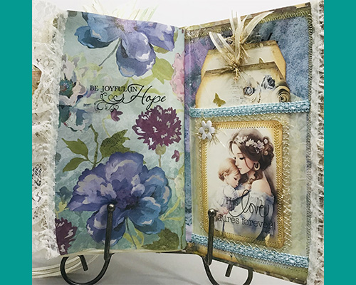 Memory book with decorative flowers and text..